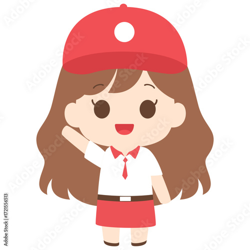 Girl with red cap waving, friendly character illustration ideal for greeting or social themes.

