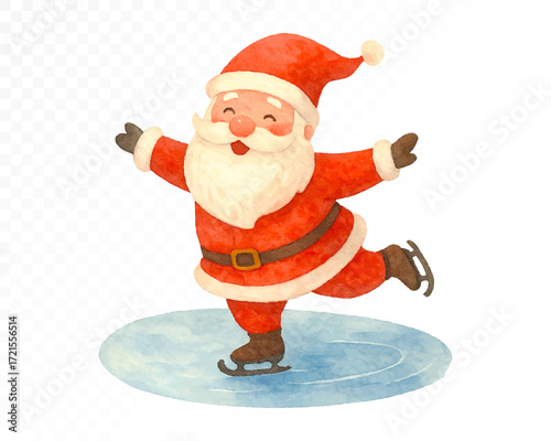 Watercolor Santa Claus joyfully ice skating on frozen pond, cheerful Christmas character in classic red outfit with white beard, festive holiday illustration. Vector illustration.