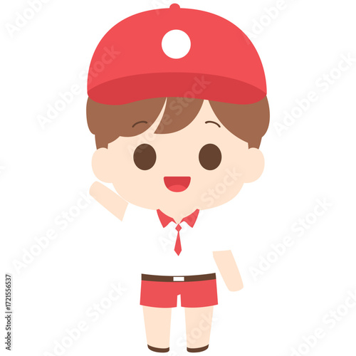 Boy with red cap waving, friendly character illustration ideal for greeting or social themes.


