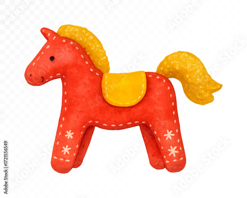 Watercolor Christmas toy horse in bright red with yellow mane and saddle, festive handmade stitched decoration with snowflake details, cheerful holiday art. Vector illustration.