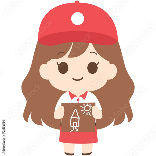 Girl with red cap holding book, student character illustration perfect for school or reading themes.

