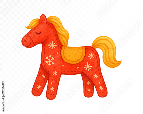 Watercolor Christmas toy horse in red with golden mane and tail, festive handmade stitched decoration with snowflake patterns, charming holiday art. Vector illustration.
