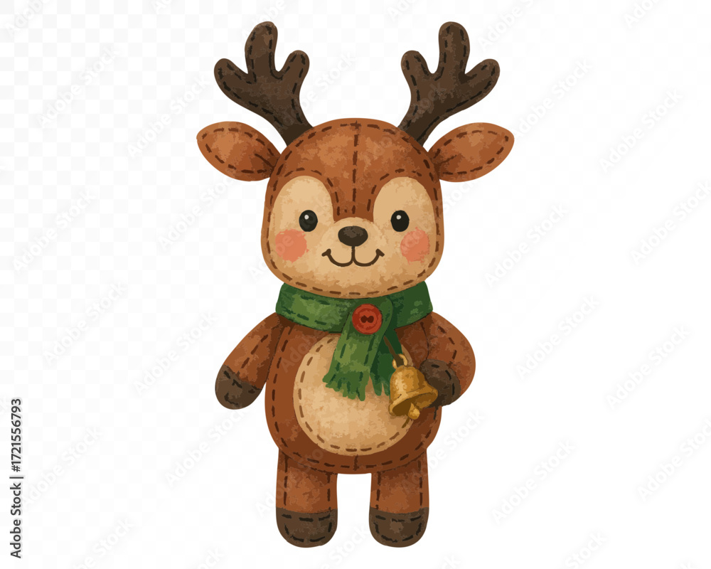 Fototapeta premium Watercolor felt reindeer toy with antlers, green scarf and golden bell, cute handmade Christmas decoration character for festive holiday design. Vector illustration.