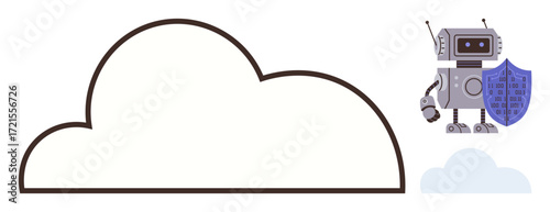 Robot holding shield beside large cloud outline, symbolizing cloud computing, cybersecurity, data storage, innovation, technology protection, modern solutions, and safety. Ideal for simple flat