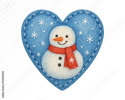 Watercolor snowman in red scarf inside blue stitched heart with snowflakes, cute Christmas winter holiday decoration design for festive art. Vector illustration.