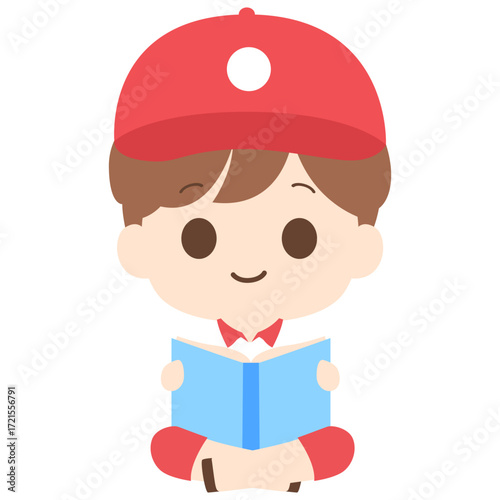 Girl with red cap holding blue book, student character illustration perfect for school or reading themes.

