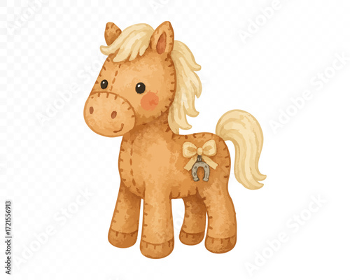 Watercolor felt horse toy with cream mane and tail, stitched details and decorative bow with horseshoe, handmade Christmas holiday ornament art. Vector illustration.