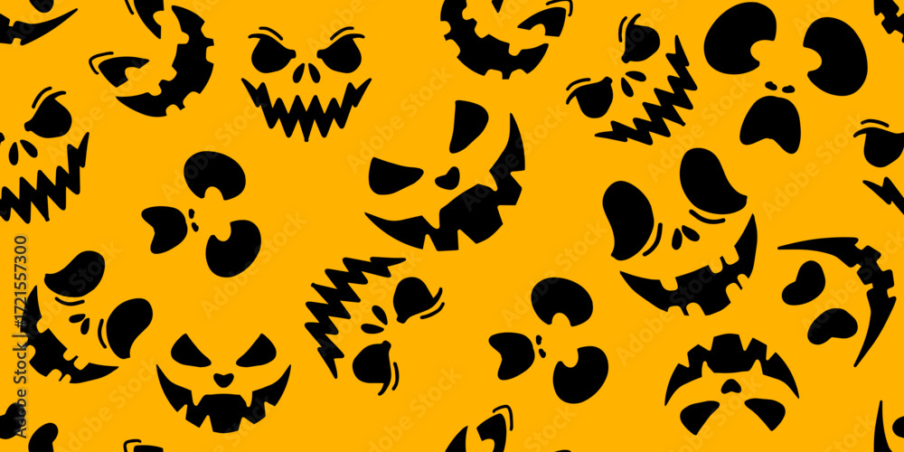 Fototapeta premium Flat vector seamless Halloween pattern of creepy black silhouette faces with scary smiles on bright yellow backdrop for festive design elements.