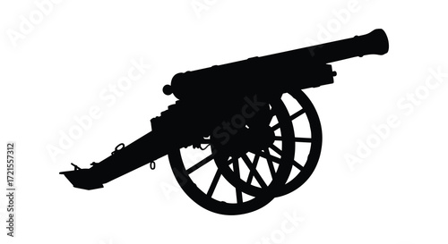 A striking silhouette of an antique cannon against a plain white backdrop