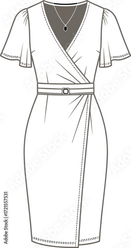 Technical fashion illustration of women’s wrap dress, V-neckline, flutter sleeves, fitted silhouette, belt detail, garment sketch, clothing design template, vector drawing