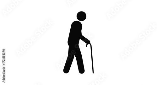 Simple black silhouette of an elderly person walking with a cane