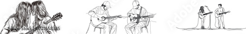 An acoustic concert with two male singers playing guitar is captured in a continuous line drawing