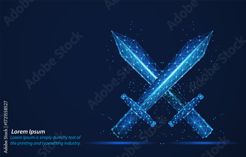 Futuristic illustration of two crossed swords isolated on a dark background, representing strength, defense, and digital warfare.Protect and secure concept.Low poly wireframe vector.