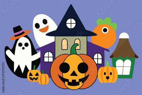 Cute Halloween Illustration Featuring Ghosts Jack O Lanterns and Haunted Houses on a Purple Background for Holiday Fun