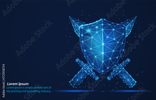 Low poly wireframe shield with crossed swords on a dark background. Digital Protection and Security of Safe concept, cybersecurity, and strength in the digital world. Digital technology protects sign.