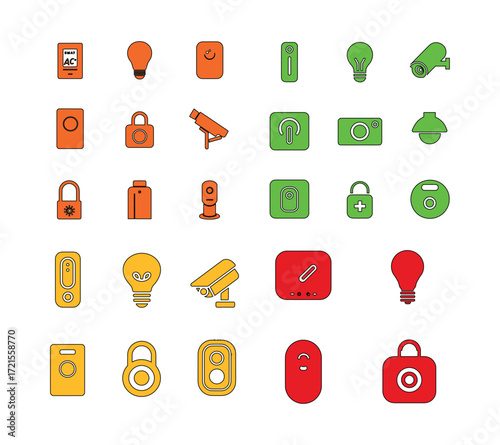 A collection of smart home device icons arranged in a grid pattern on a white background design, A set of icons for smart home devices: a smart thermostat, a lightbulb, a security camera, a smart lock
