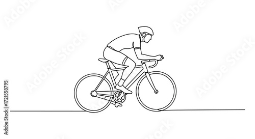 Continuous line drawing of a cyclist riding a road bicycle swiftly
