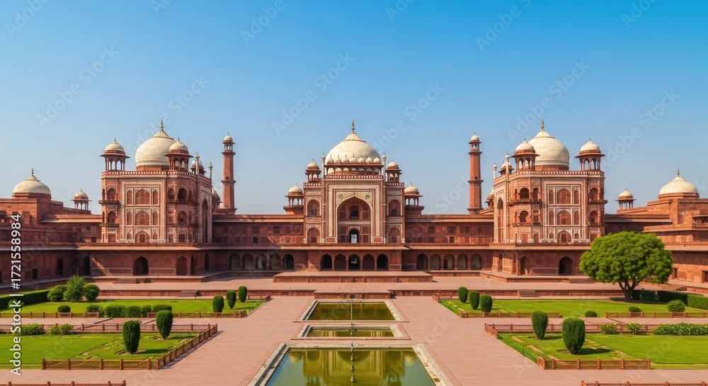 Fototapeta premium Majestic Red Sandstone Palace with White Domes and Green Gardens Under Clear Blue Sky