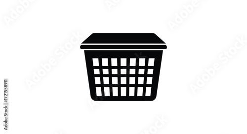 Simple black and white icon depicting a small woven wastebasket