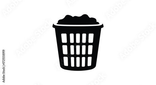 Simple black and white illustration of a wastebasket filled with items