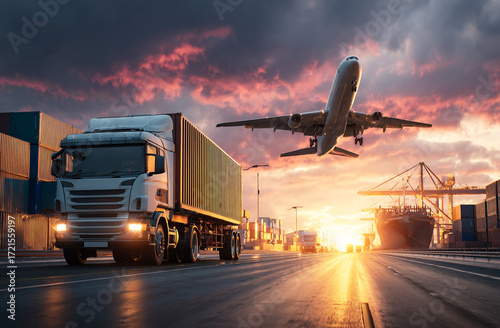 Cargo Truck on Highway with Airplane and Port Containers at Sunset