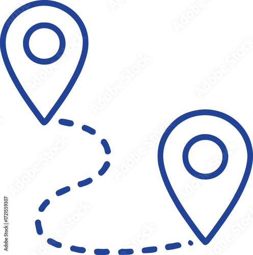 Two blue map pin icons connected by a dashed line on a white background location navigation