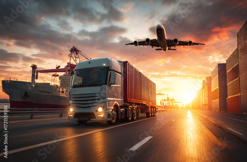 Cargo Truck on Highway with Airplane and Port Containers at Sunset