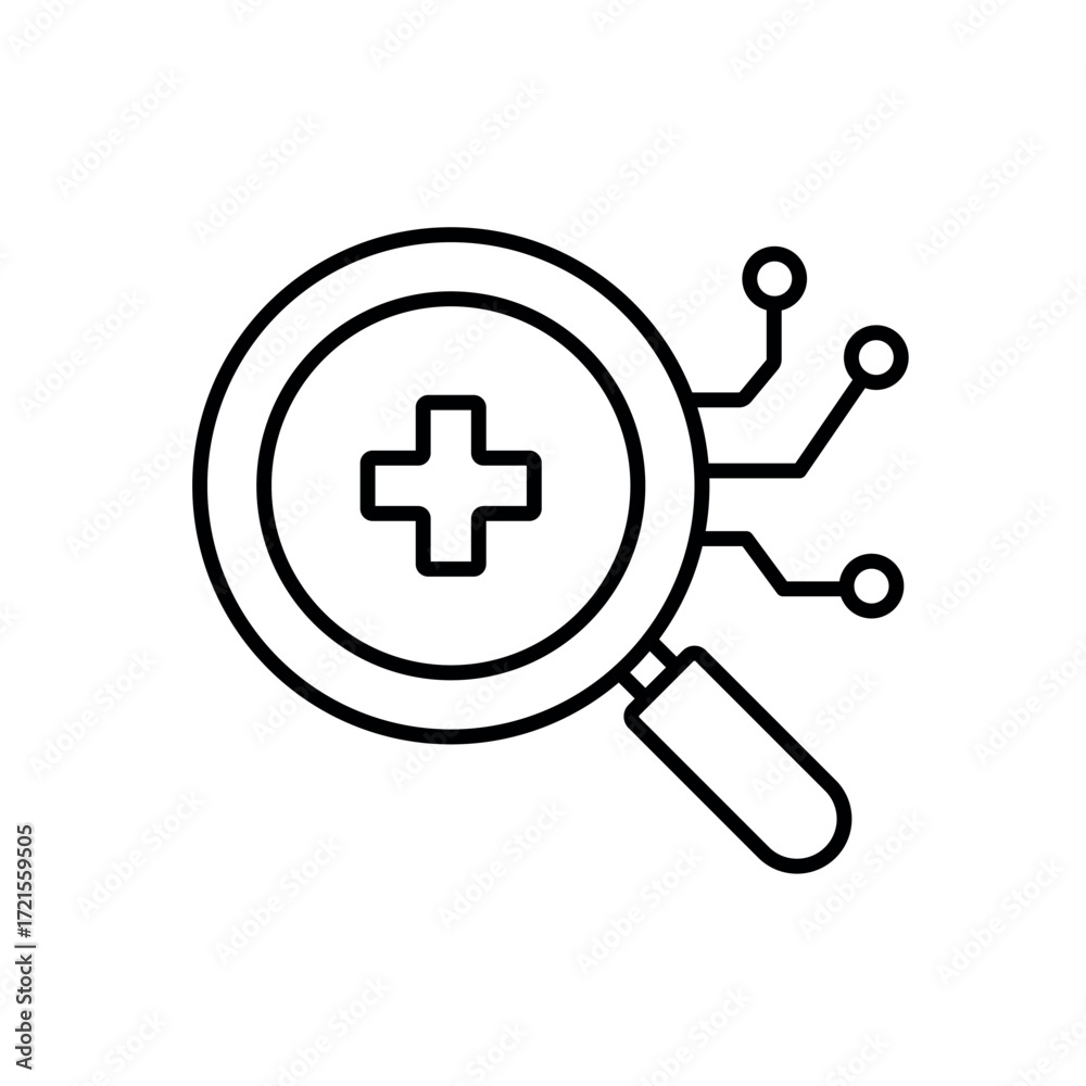 Fototapeta premium A vector icon of a magnifying glass with medical circuits, representing symptom analysis, created in line style with editable stroke