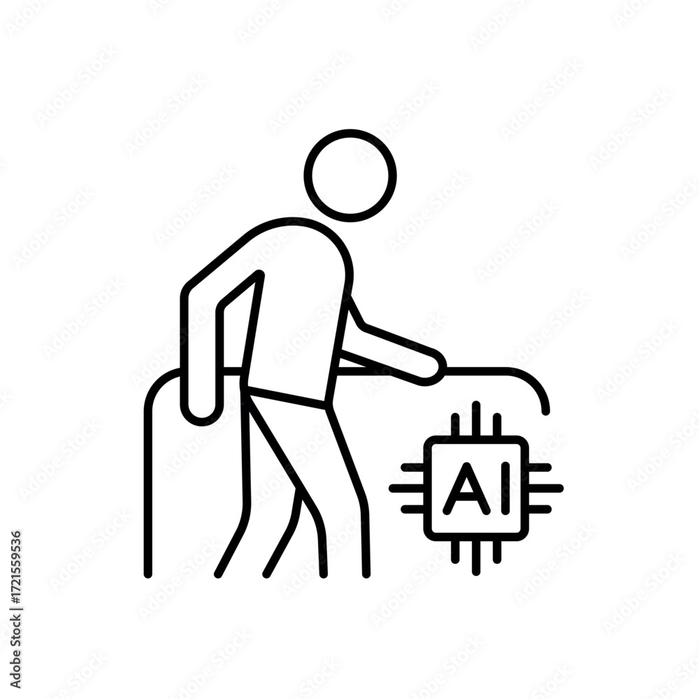Fototapeta premium A vector icon of an elderly person with a cane and an AI chip, representing AI-powered rehabilitation support, created in line style with editable stroke