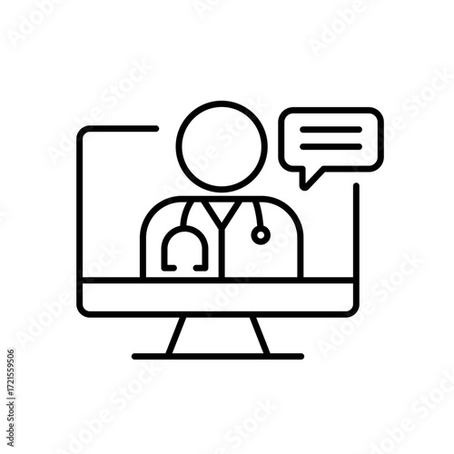 A vector icon of a computer screen showing a doctor, representing a virtual doctor assistant, created in line style with editable stroke