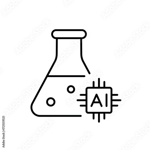A vector icon of a laboratory flask with an AI chip, representing AI-driven lab data processing, created in line style with editable stroke