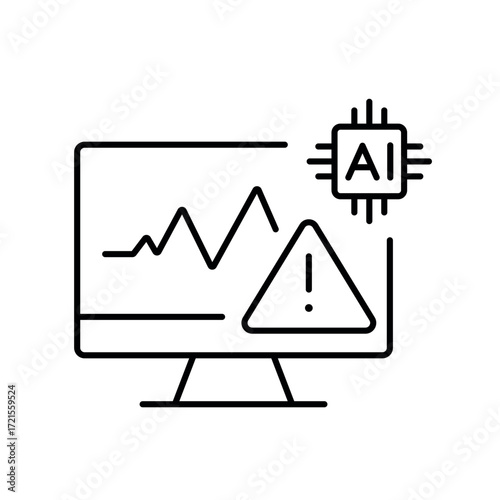 A vector icon of a computer screen with a warning symbol and AI chip, representing anomaly detection using artificial intelligence, created in line style with editable stroke