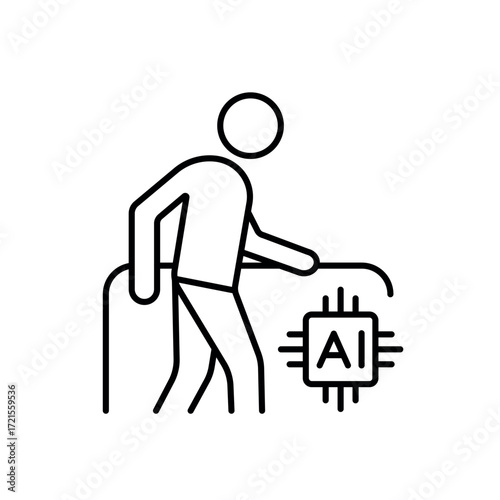 A vector icon of an elderly person with a cane and an AI chip, representing AI-powered rehabilitation support, created in line style with editable stroke