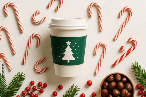 Festive Christmas Coffee Cup Surrounded by Candy Canes and Holiday Decorations.