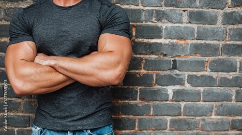 A muscular man standing in front of a brick wall with his arms crossed.