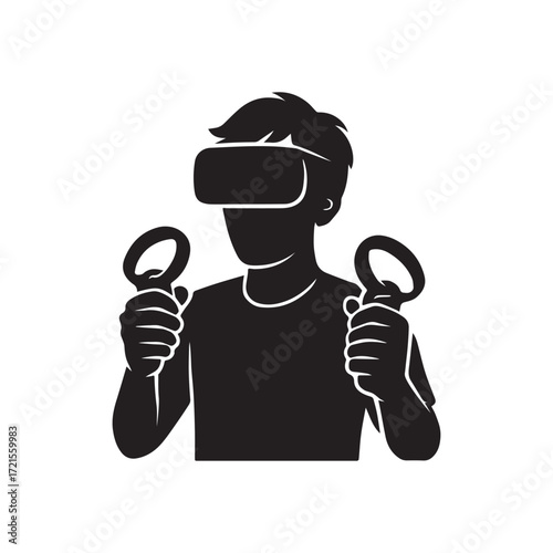Person wearing virtual reality headset and holding controllers in striking black silhouette