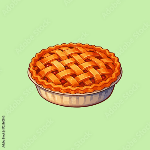 Whole apple pie with lattice crust on transparent background. Perfect for Thanksgiving, bakery design, autumn food, festive menus, recipe books, cards, and digital projects.