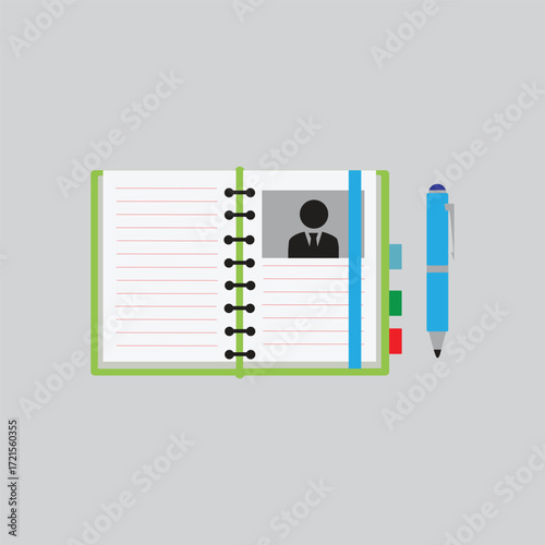 Illustration of an open notebook with a spiral binding, lined pages, a placeholder for a profile picture, and a blue pen, representing notes, documentation, or a personal diary.
