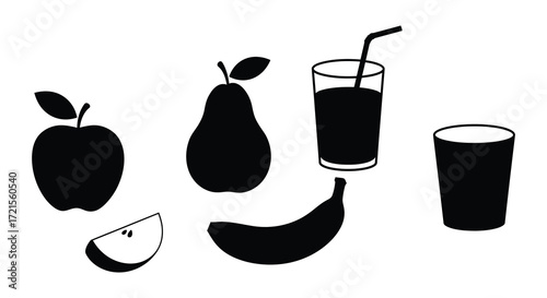 A minimalist black and white illustration of fruits and beverages