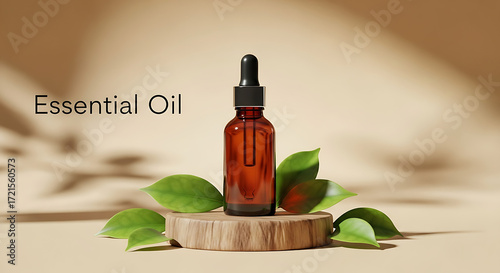 A brown glass bottle of essential oil with a dropper, surrounded by green leaves on a wooden stand against a soft, neutral background with dappled light