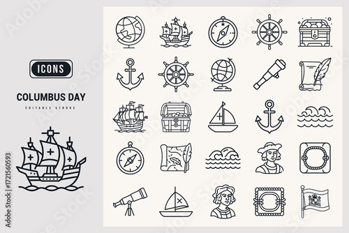 Collection of Icons Representing Columbus Day Exploration and Discovery Themes White Background