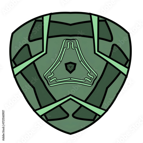 Emerald Shield stylized green shield design with bold black outlines and geometric accents, symbolizing strength and protection with a futuristic aesthetic.
