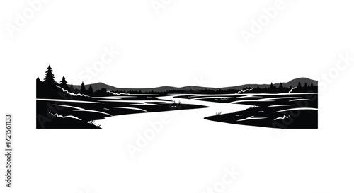 A scenic black and white landscape featuring a winding river and mountains