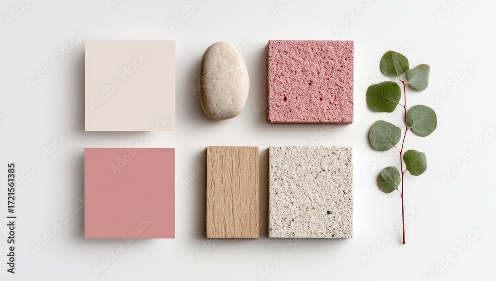 Fototapeta premium Flatlay of textured squares, a smooth stone, and eucalyptus sprig on a white background. Earthy tones and natural materials are featured