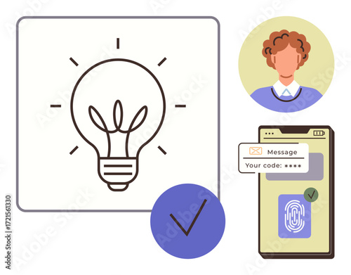 Light bulb representing an idea, user profile icon, smartphone with code and fingerprint. Ideal for technology, innovation, security, biometric access, communication, user authentication creative