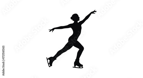 A silhouetted figure skater gracefully balances on ice with arms outstretched