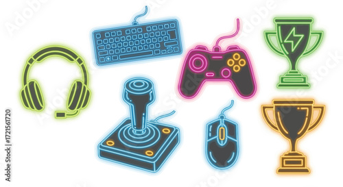 Neon gaming peripherals including a headset keyboard controller joystick mouse and trophies on white