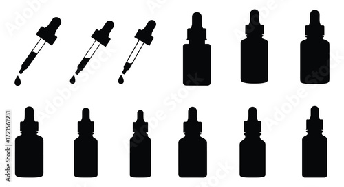 Collection of dropper bottles and liquid droplets in black silhouette style