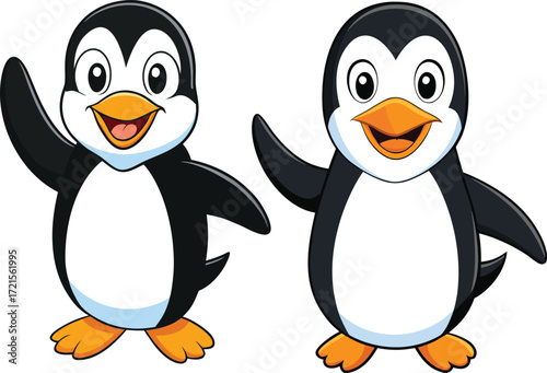 Two cartoon penguins waving with happy expressions