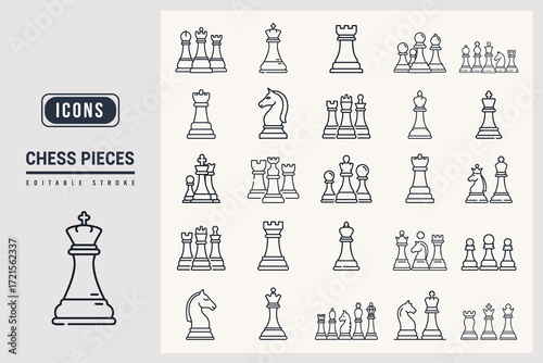 Vector Chess Pieces Set Game Strategy Board Icons White Background